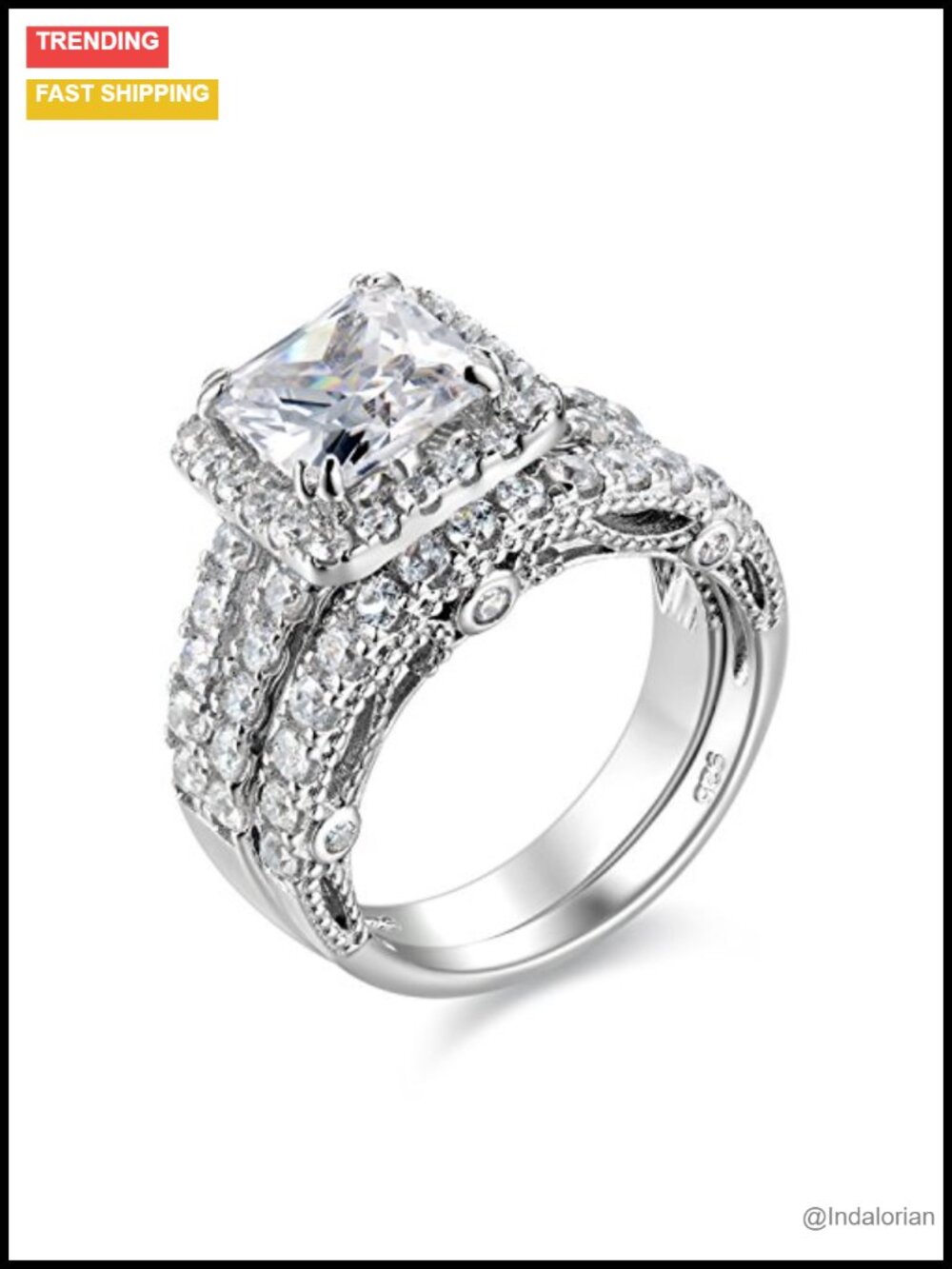 Princess Cut CZ Sterling Silver Wedding Ring Set Bridal Engagement Band